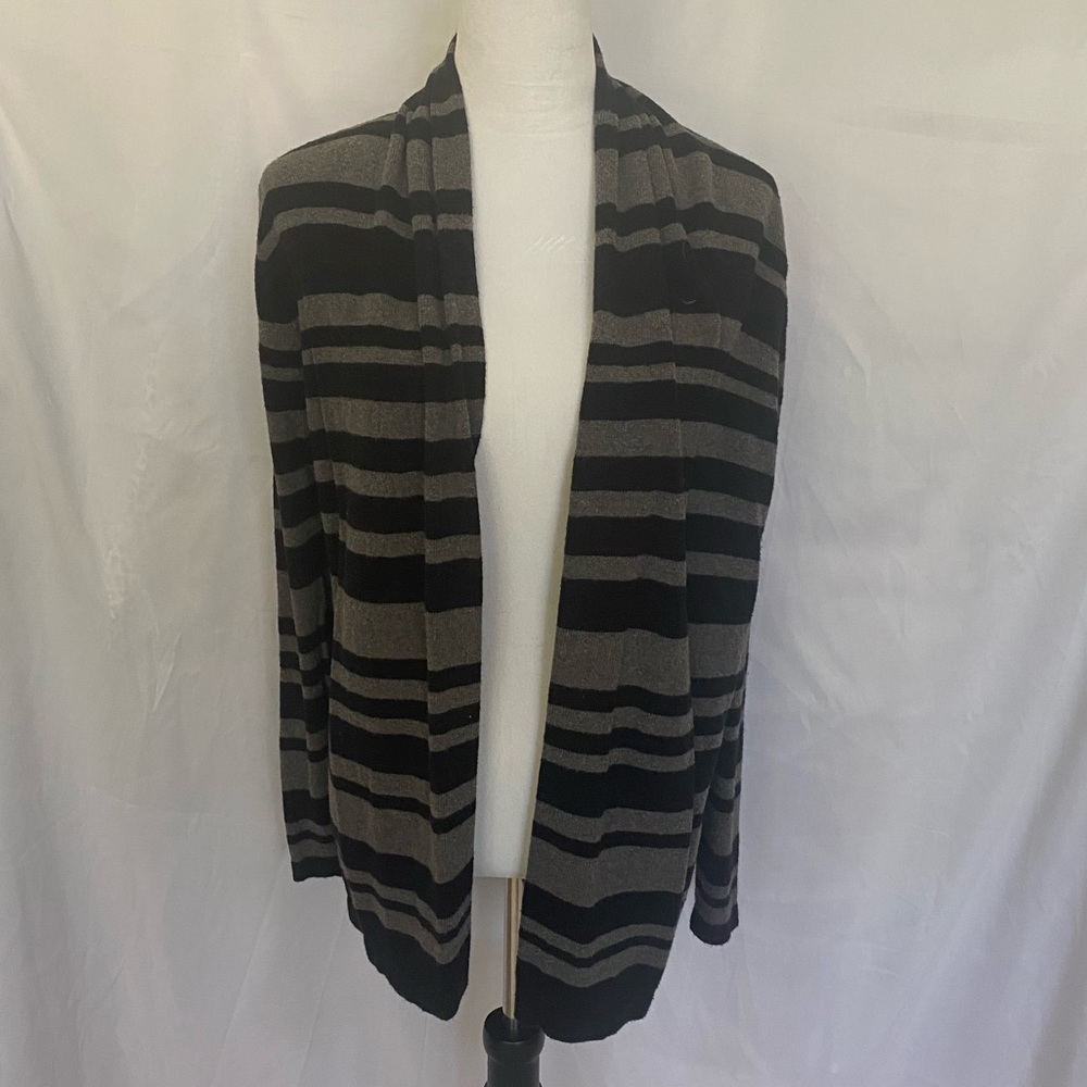VGUC Ann Taylor Black and Gray Striped Open Front Cardigan, Medium